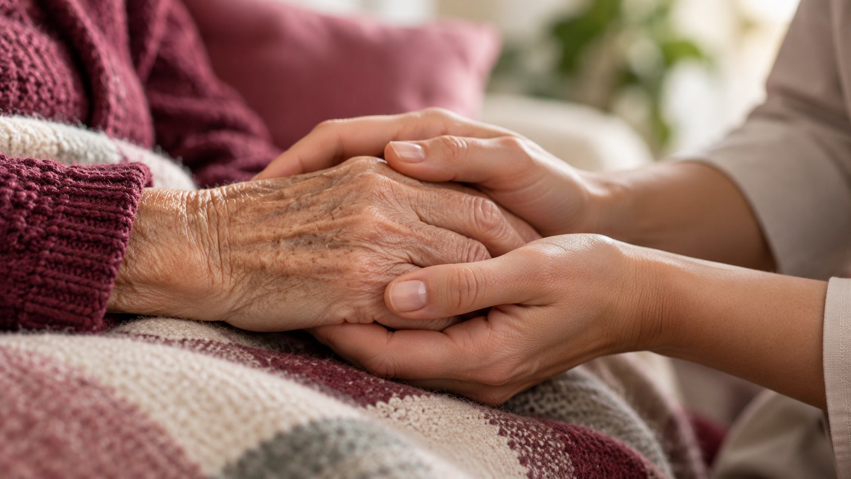 A carer gently holding an older person's hand